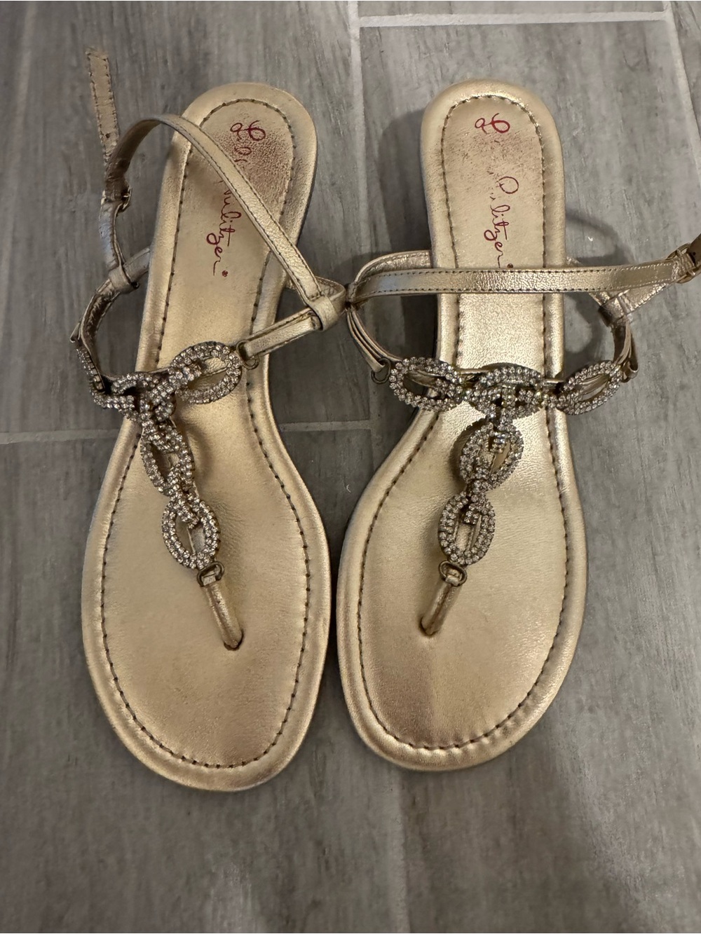 Lilly Pulitzer Gold Rhinestone ChainT-Strap Wedge Sandals